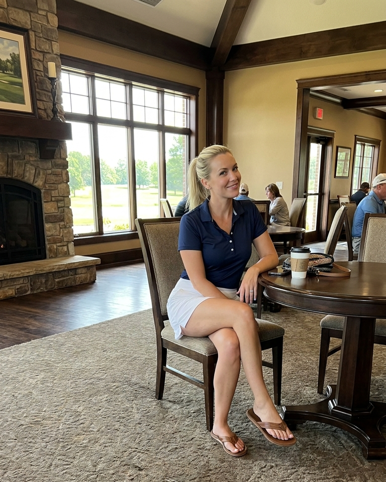 A woman smiling in a golf clubhouse, shown from head to sandals.